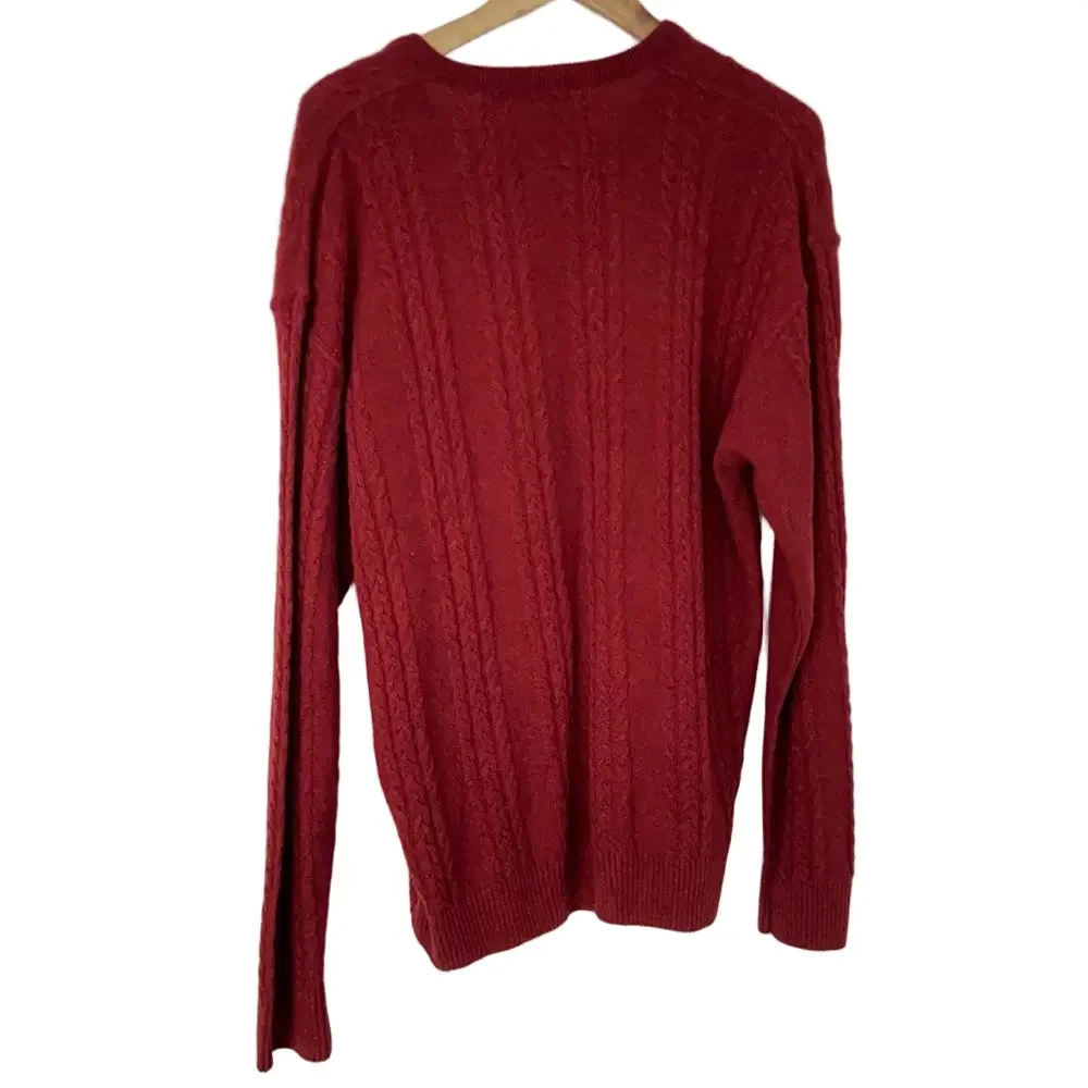 ARSLANLI DEEP RED/BURGUNDY V NECK CABLE KNIT WOOL BLEND SWEATER, LARGE - Picture 2 of 12